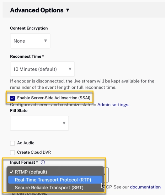 Configuración en vivo para el canal SSAI