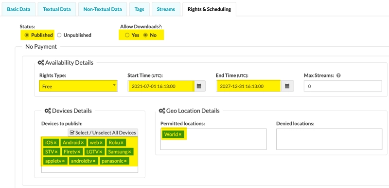 Configuración de derechos y programación