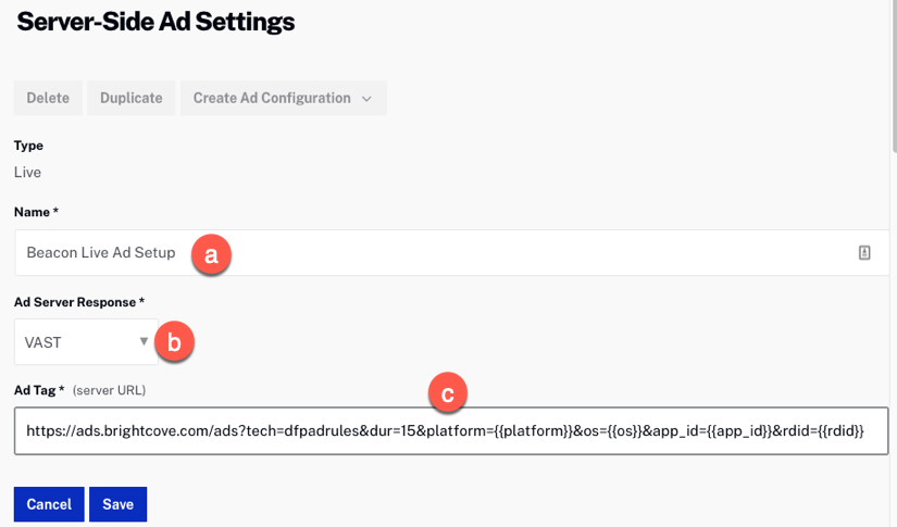 Configuración SSAI en vivo